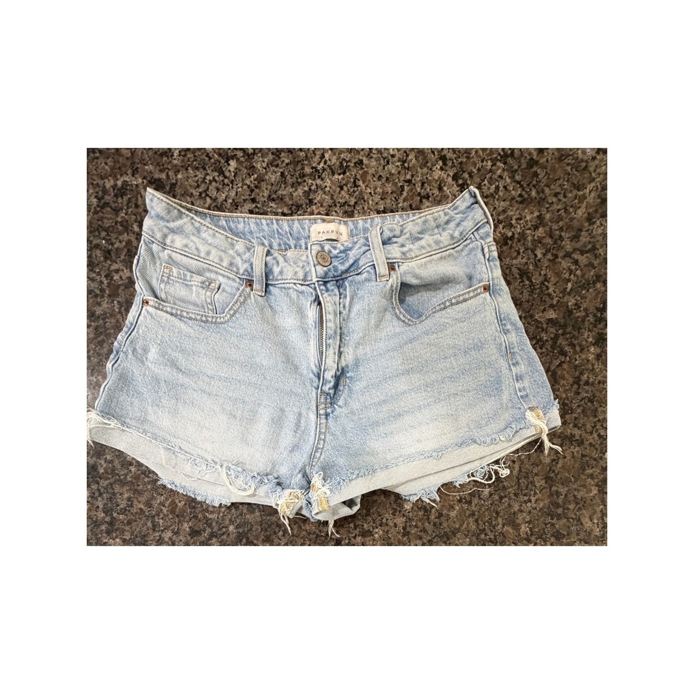 PacSun Womens Light Wash Distressed Denim Shorts High Waisted Frayed Hem Size 28